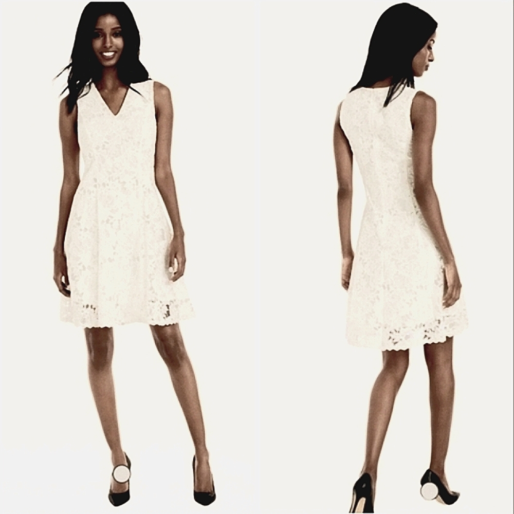 White House Black Market Retro Inspired Creme Rose Lace V Neck Fit & Flare Dress